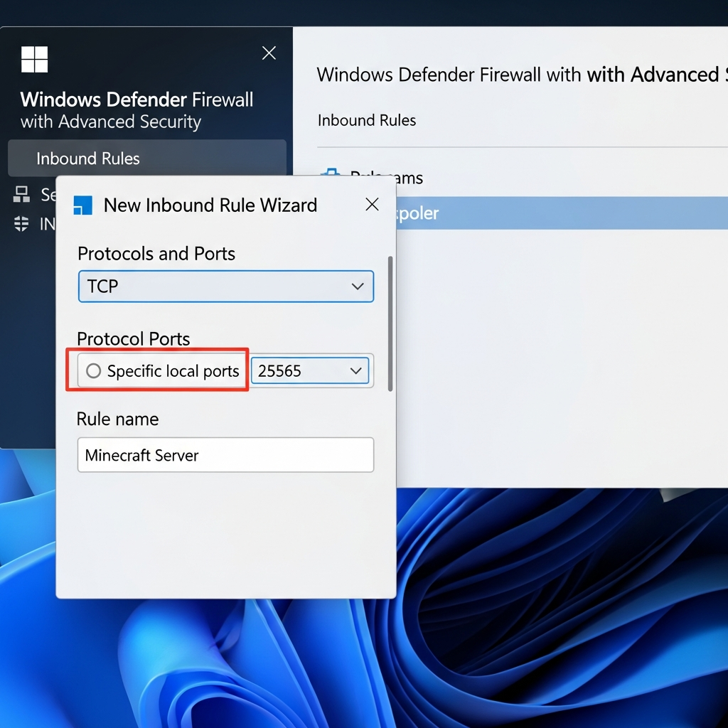 photorealistic Windows Defender Firewall Advanced Security interface showing the New Inbound Rule Wizard with TCP port 25565 highlighted, rule name "Minecraft Server" visible, modern Windows 11 style interface, high detail
