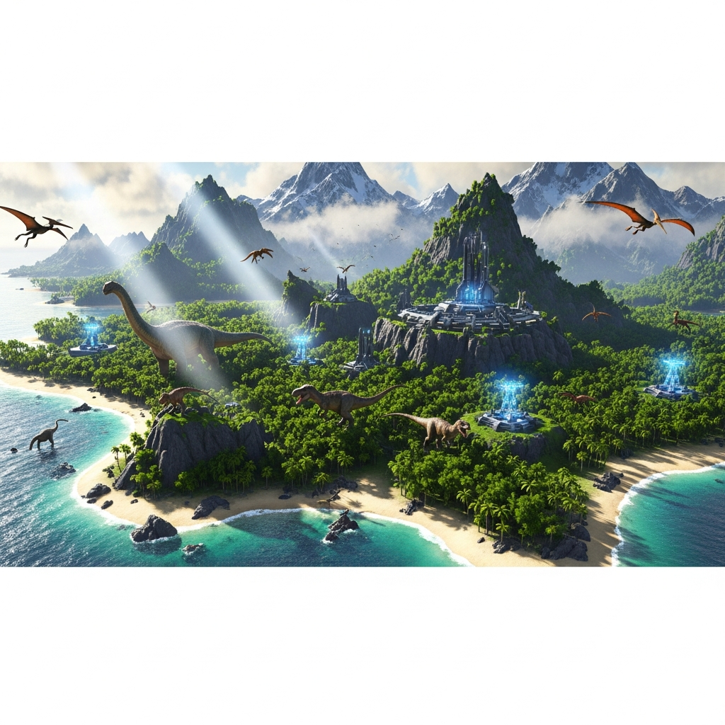 photorealistic aerial view of a massive ARK survival ascended tropical island map with lush forests, towering mountains, sandy beaches, dinosaurs roaming below, futuristic tek structures scattered across the terrain, volumetric god rays piercing through clouds, Unreal Engine 5 graphics, 8K resolution