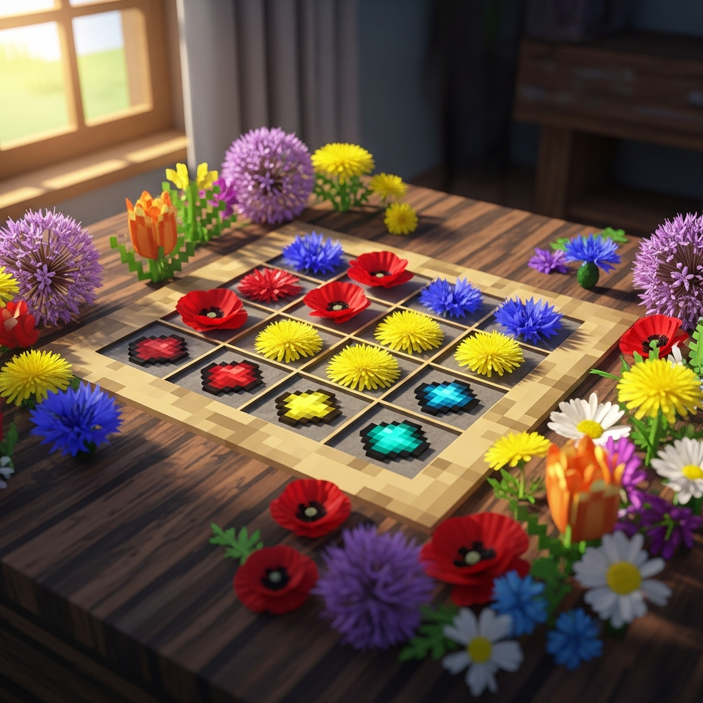 photorealistic close-up of a Minecraft crafting table with various flowers and dyes arranged in a 3x3 grid, sunlight streaming through a nearby window, vibrant colors of red poppies, yellow dandelions, and blue cornflowers surrounding the workspace