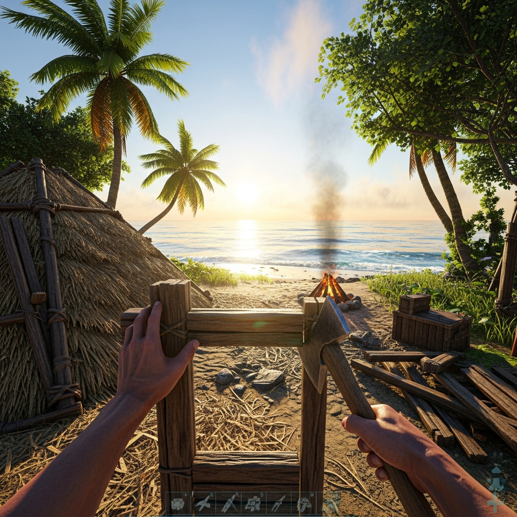 photorealistic first-person view of a survivor building a small wooden hut on a tropical beach at sunrise, with palm trees, scattered thatch materials, and a campfire burning nearby, ARK Survival Ascended vibrant graphics