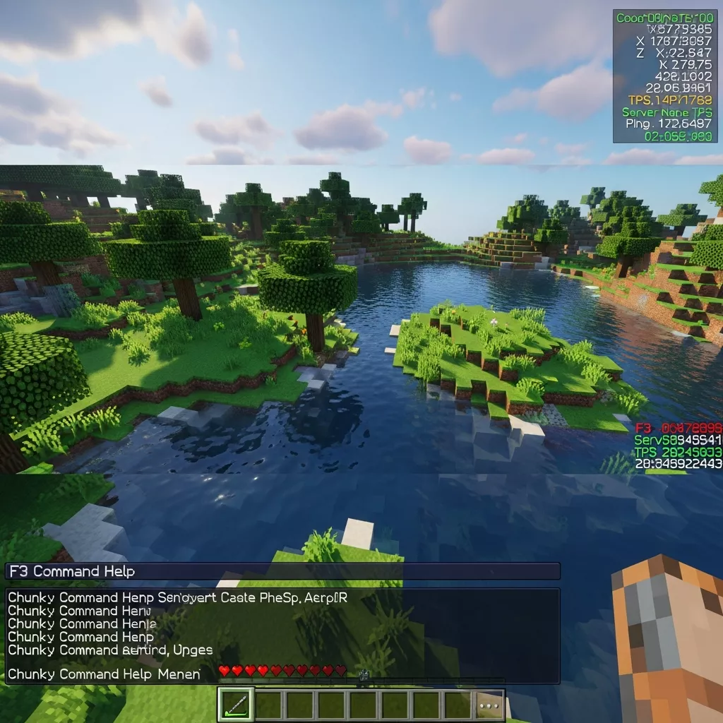 photorealistic in-game Minecraft screenshot showing the chat console with Chunky command help menu displayed, coordinates and server info visible in F3 debug overlay, modern shaders enabled