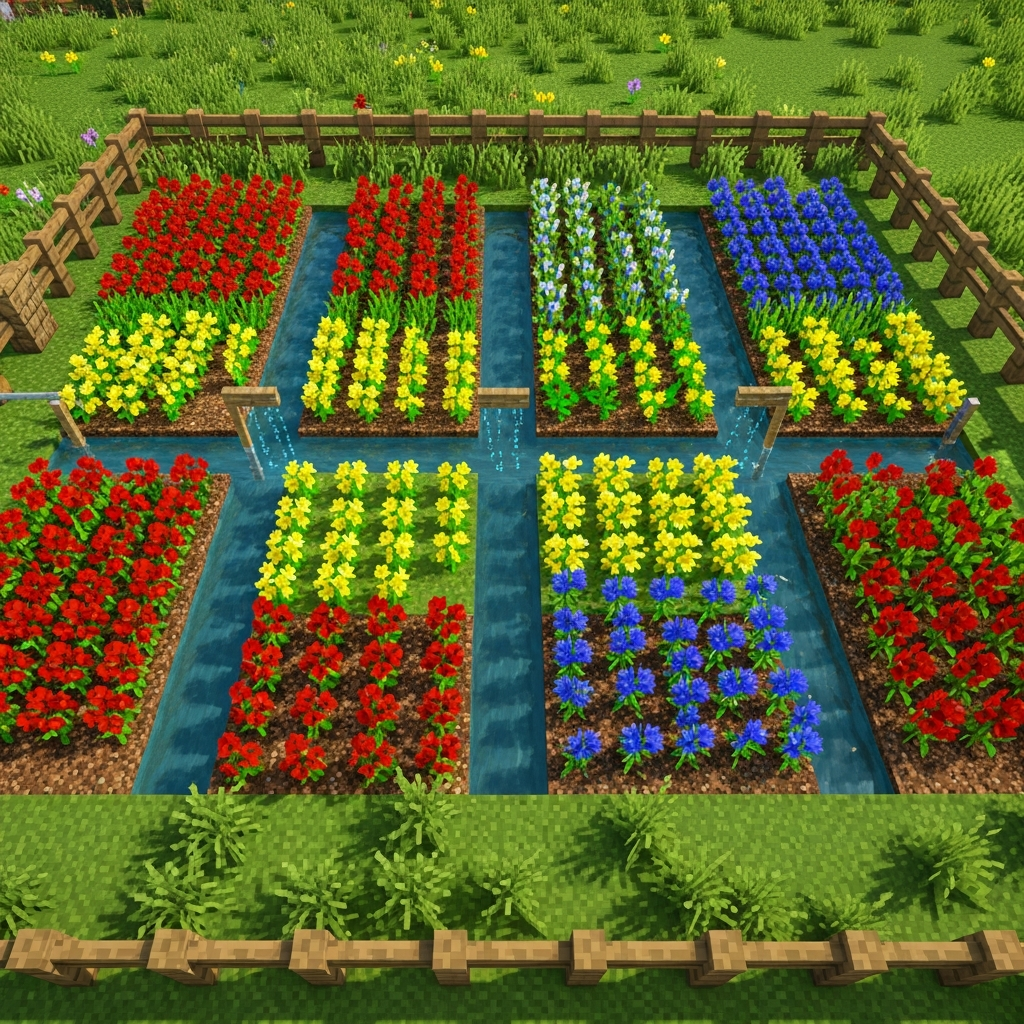 photorealistic overhead view of a Minecraft flower farm with rows of red poppies, yellow dandelions, and blue cornflowers growing on grass blocks, surrounded by wooden fences, water channels irrigating the crops, bright daylight illuminating the colorful garden