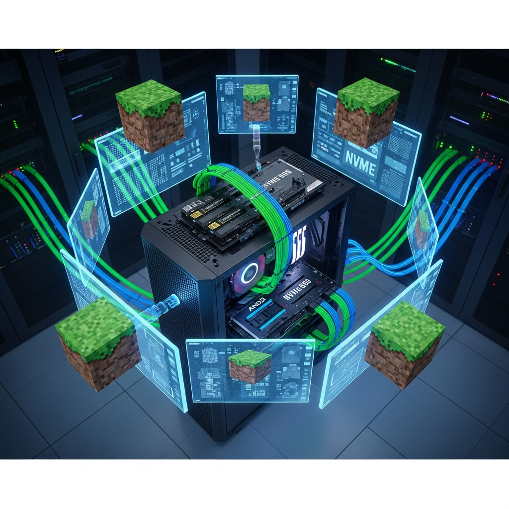 photorealistic overhead view of a Minecraft server room with glowing green and blue cables connected to a high-end AMD Ryzen 9 workstation tower, NVMe SSD slots visible, surrounded by holographic Minecraft terrain chunks loading on transparent screens