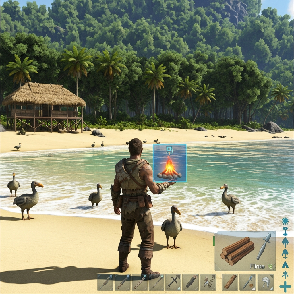 photorealistic scene of a new survivor standing on a sunny tropical beach in ARK Survival Ascended, surrounded by calm Dodos and gentle waves, holding a campfire in their inventory UI, with dense jungle visible in the background and a small thatch hut under construction nearby