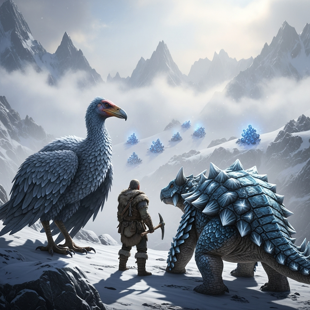 photorealistic scene of a survivor standing beside a large Argentavis and Ankylosaurus in a snowy mountain biome, with metal nodes glowing in the background, misty peaks, and dynamic ARK lighting
