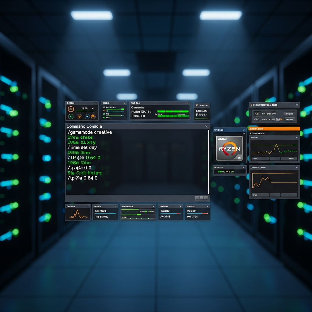 photorealistic screenshot of Minecraft Bedrock Edition command console interface on a modern gaming server dashboard, with glowing green command text on dark background, AMD Ryzen processor label visible, professional server room lighting