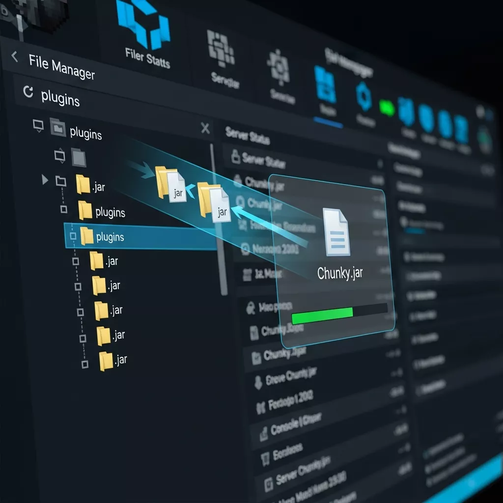 photorealistic screenshot of a Minecraft server control panel showing the plugins folder open with Chunky.jar file being uploaded via drag and drop interface, detailed file manager with folder tree visible