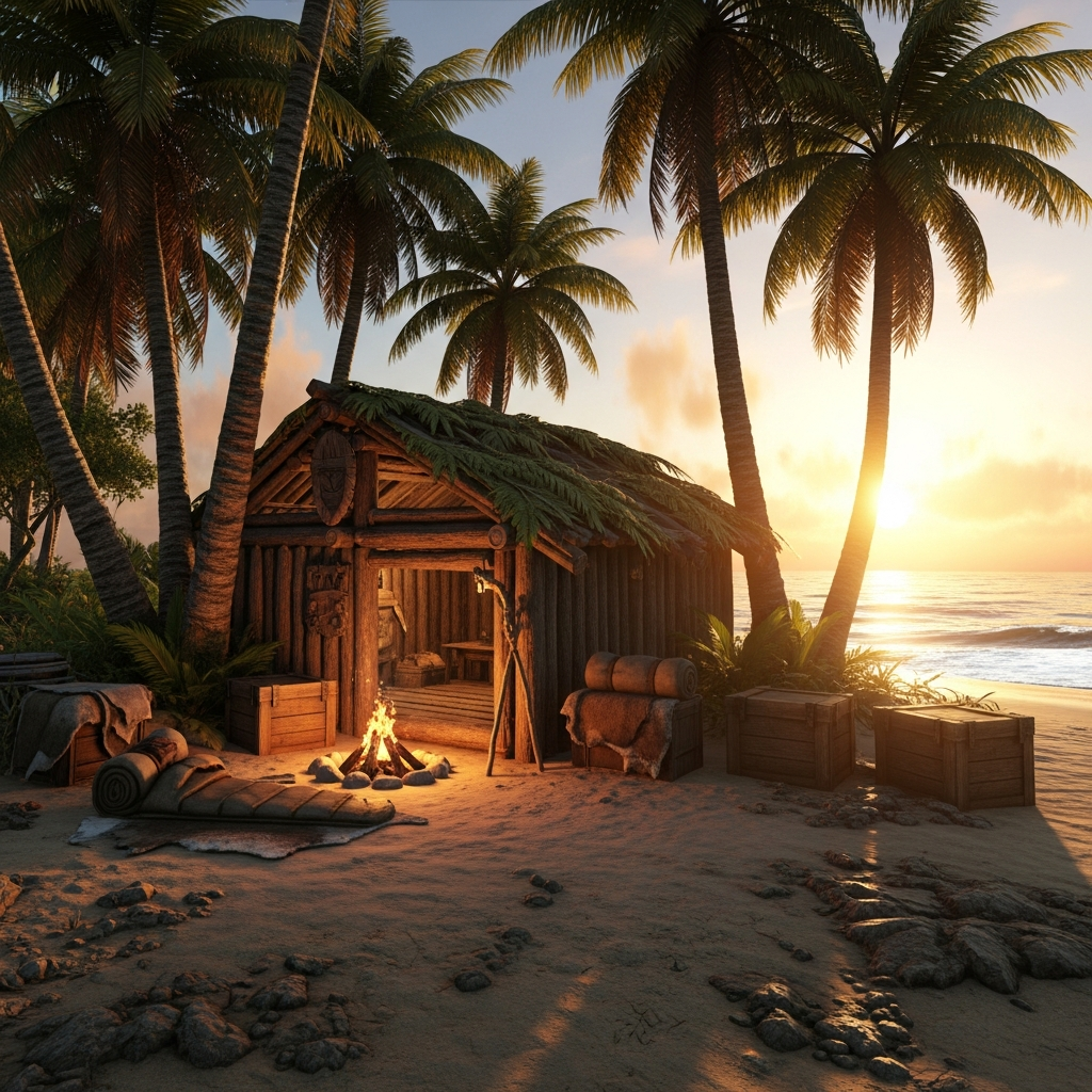 photorealistic survival game scene showing a wooden starter base on a tropical beach with palm trees, a small campfire outside, storage boxes, and a sleeping bag near the entrance, warm sunset lighting, ARK game aesthetic
