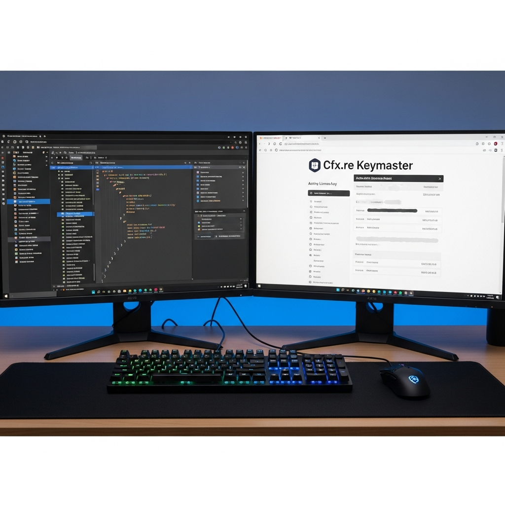 photorealistic wide-angle view of a dual-monitor developer workspace showing a Windows VPS desktop on the left screen with server.cfg file open in Visual Studio Code with syntax highlighting, and the right screen displaying a web browser with Cfx.re Keymaster dashboard showing active Patreon license key details, mechanical keyboard and gaming mouse visible on desk