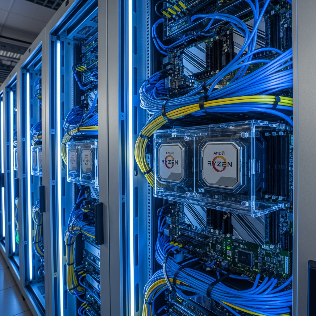 professional server rack setup with glowing blue LED lights, high-performance network cables, AMD Ryzen processors visible through transparent panels, futuristic data center aesthetic, ultra-wide shot, sharp focus, industrial tech photography, 8K resolution
