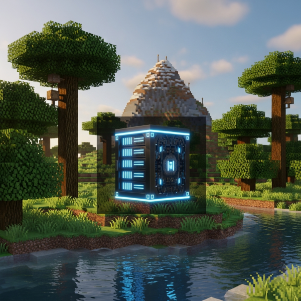 Ilustración inmersiva del tema: hosting Minecraft alto rendimiento