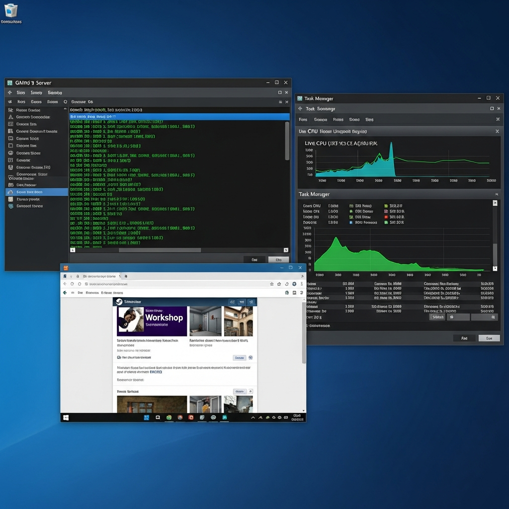 A Windows Server desktop with Remote Desktop Connection open, showing a GMOD server console window running with green text logs, Task Manager displaying CPU and RAM usage graphs, and a web browser with Steam Workshop page, photorealistic screenshot style