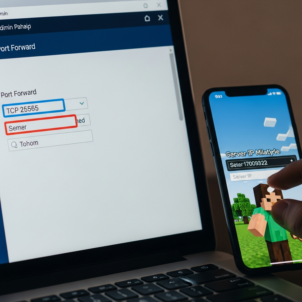 A close-up of a router's admin panel interface on a laptop screen showing port forwarding configuration fields, with TCP port 25565 highlighted, alongside a smartphone displaying a Minecraft multiplayer screen with a server IP address being typed