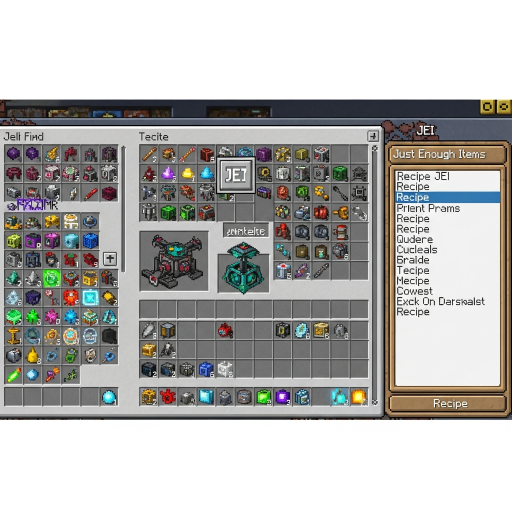 A detailed close-up photograph of a Minecraft game screen showing a modded inventory interface with JEI recipe sidebar on the right, colorful custom items and machines visible, realistic UI elements glowing softly against a dark stone workshop background