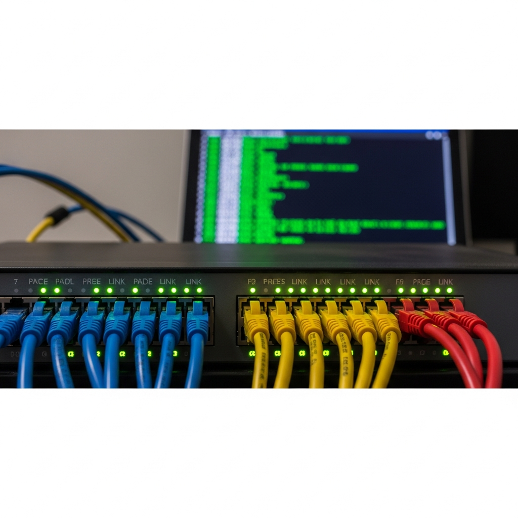 A detailed close-up photorealistic image of a network switch with green link lights active, Ethernet cables plugged into ports, and a laptop screen in the background displaying Minecraft server console logs showing successful player connections with zero errors