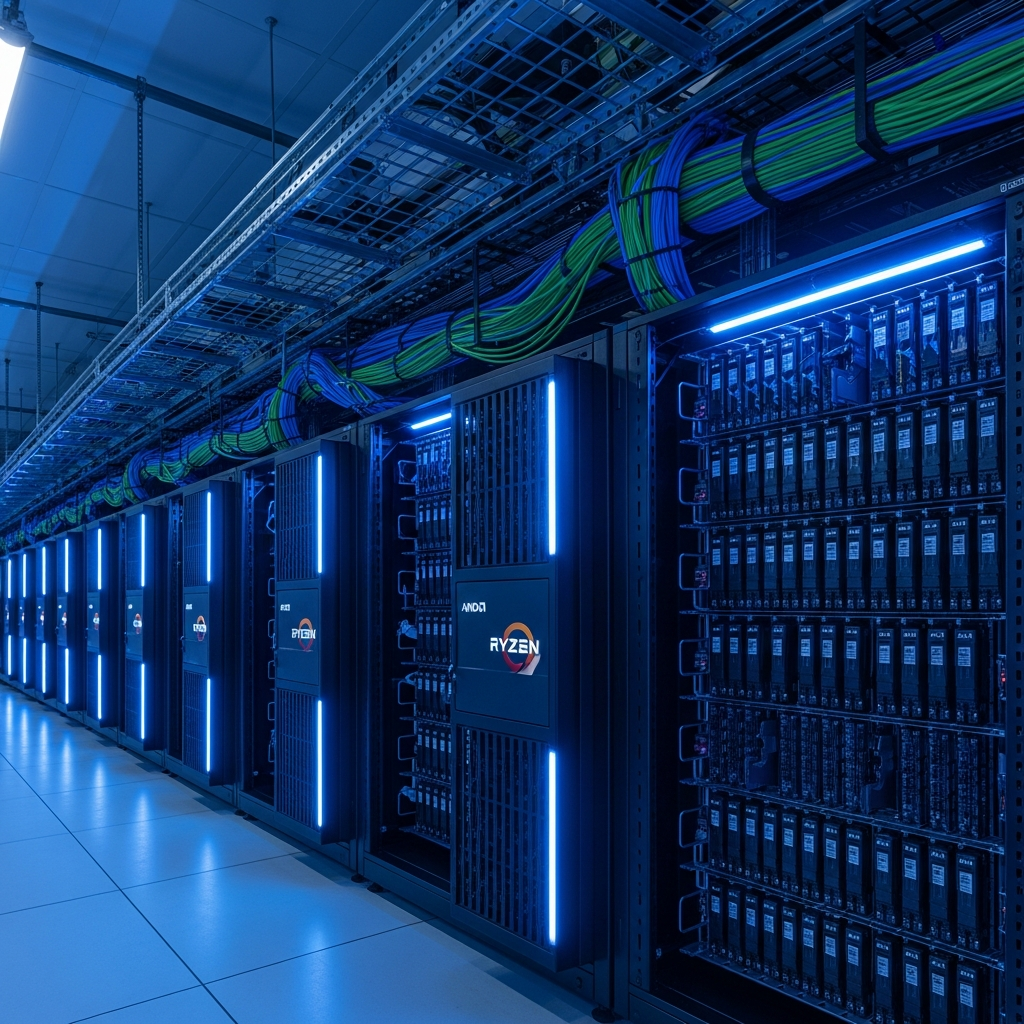 A detailed photorealistic image of a high-tech server room with rows of black AMD Ryzen 9 7950X3D servers illuminated by blue LED lights, showing modern NVMe SSD arrays and fiber optic network cables, representing enterprise-grade DayZ server hosting infrastructure in 2025