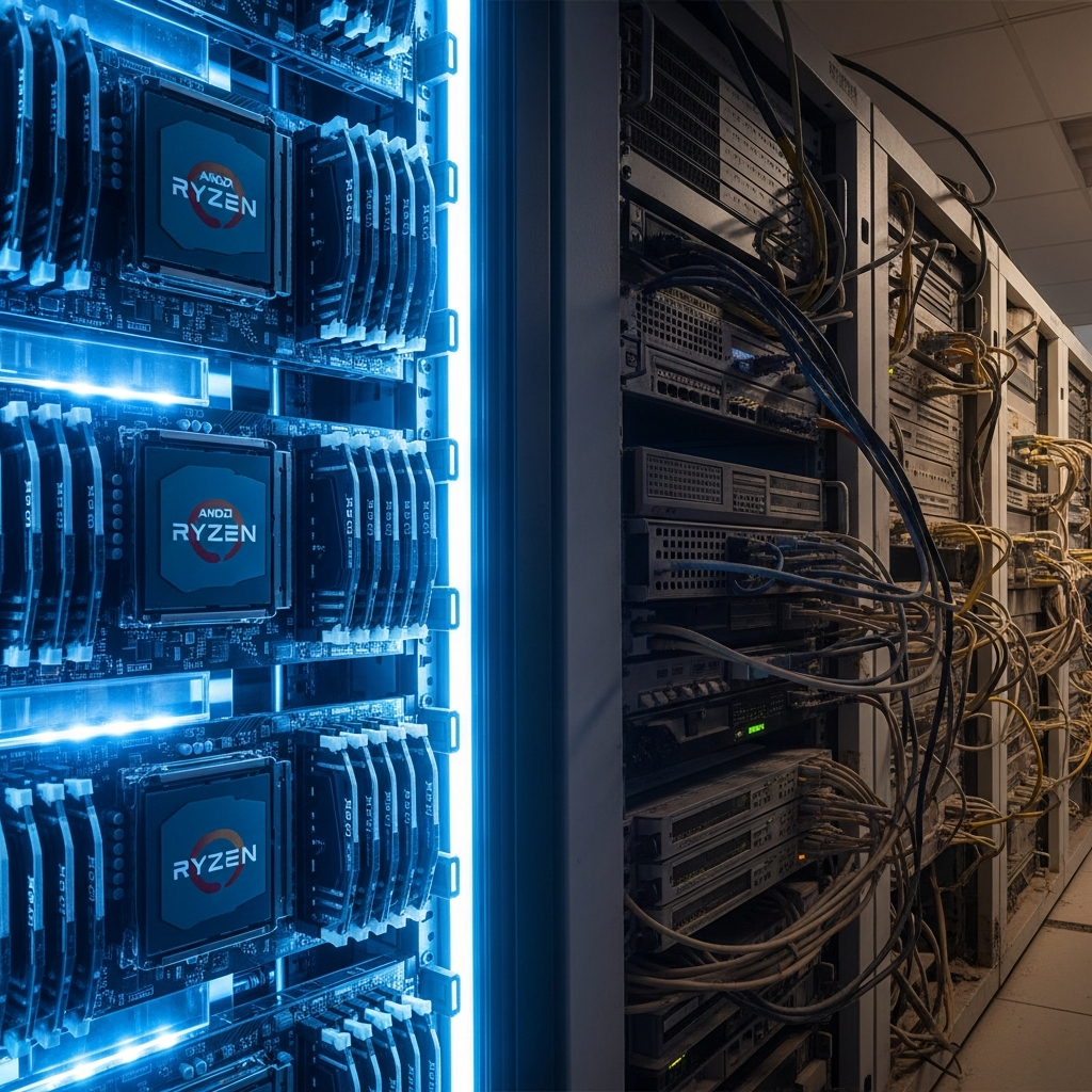 A detailed photorealistic server room showing rows of modern AMD Ryzen processors with DDR5 RAM modules illuminated by blue LED lights, contrasting with older dusty hardware in shadow representing free hosting infrastructure