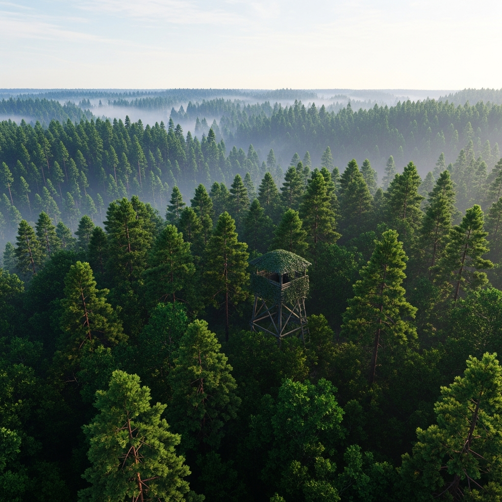 Aerial photorealistic view of dense green Chernarus forest canopy with small concealed wooden watchtower barely visible among tall pine trees, early morning mist rolling through valleys, DayZ environment