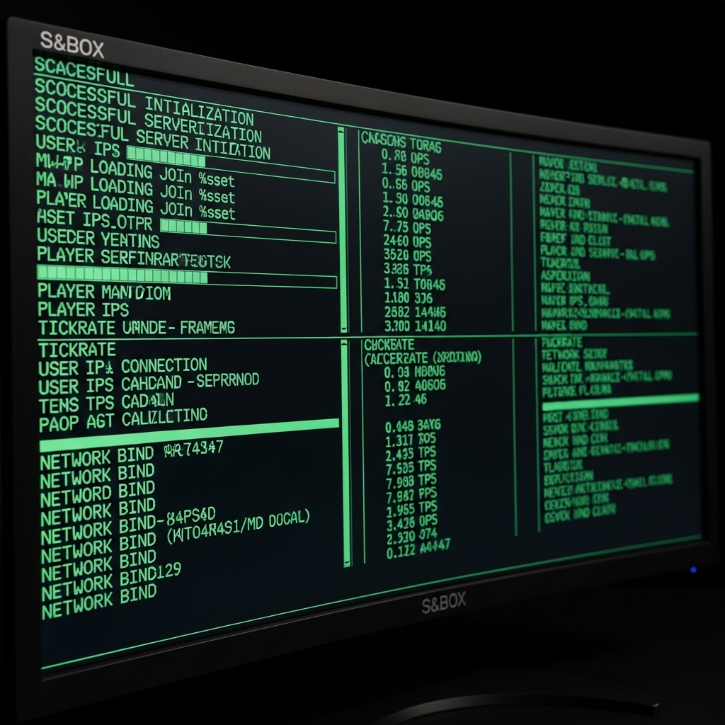 A high-resolution screenshot of an S&Box server console terminal with green text on black background, showing successful server initialization logs including map loading progress bars, player connection events, tickrate metrics, and network bind confirmations