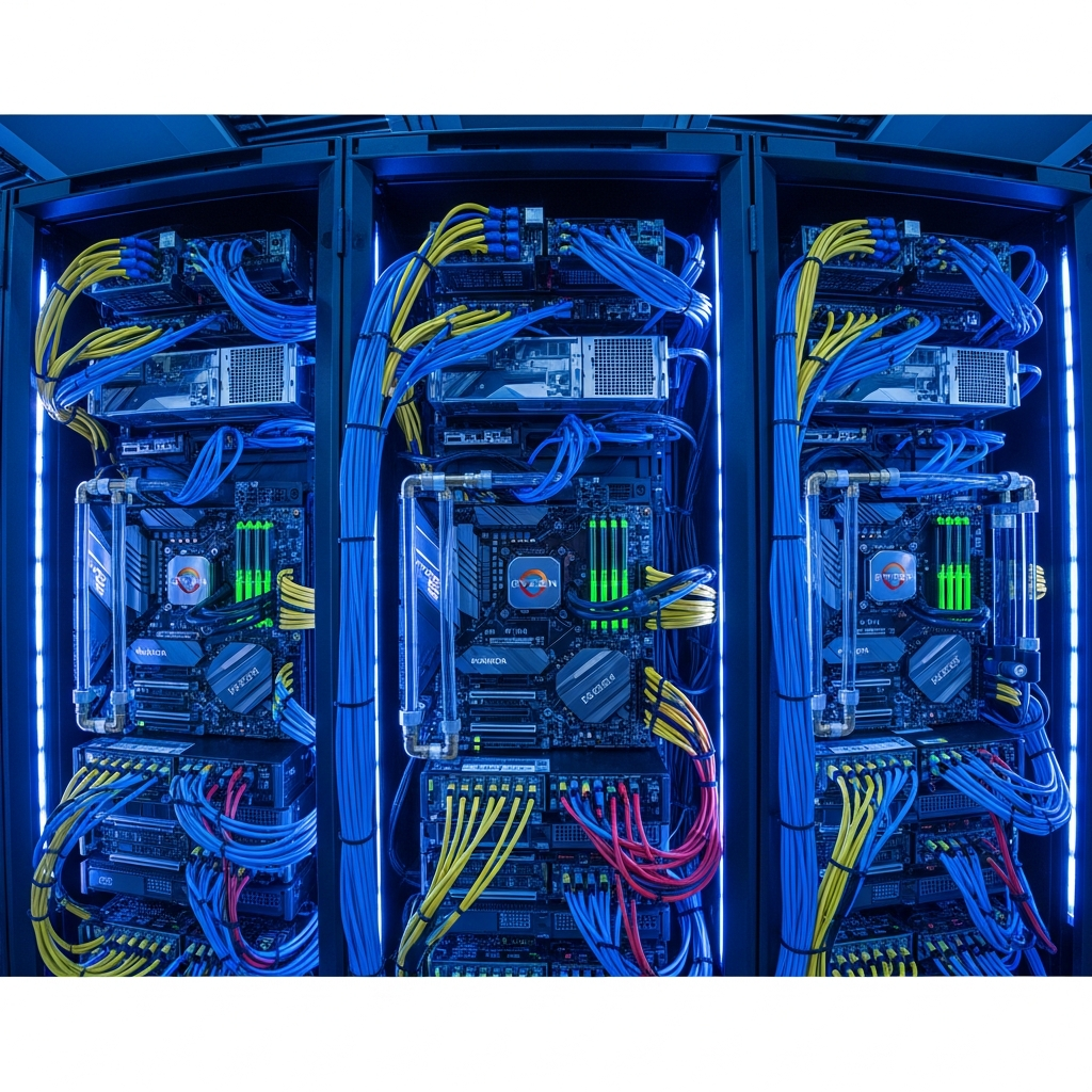A modern data center server rack with glowing blue LEDs, AMD Ryzen processors visible on motherboards, high-performance cooling systems, and network cables neatly organized, photorealistic 4K quality