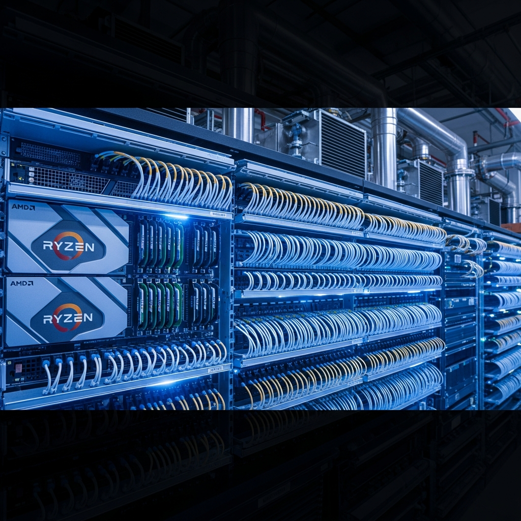 A modern data center server rack with glowing blue LEDs, showcasing AMD Ryzen processors and DDR5 RAM modules mounted in high-density compute nodes, fiber optic cables neatly organized in cable management trays, industrial cooling systems visible in background