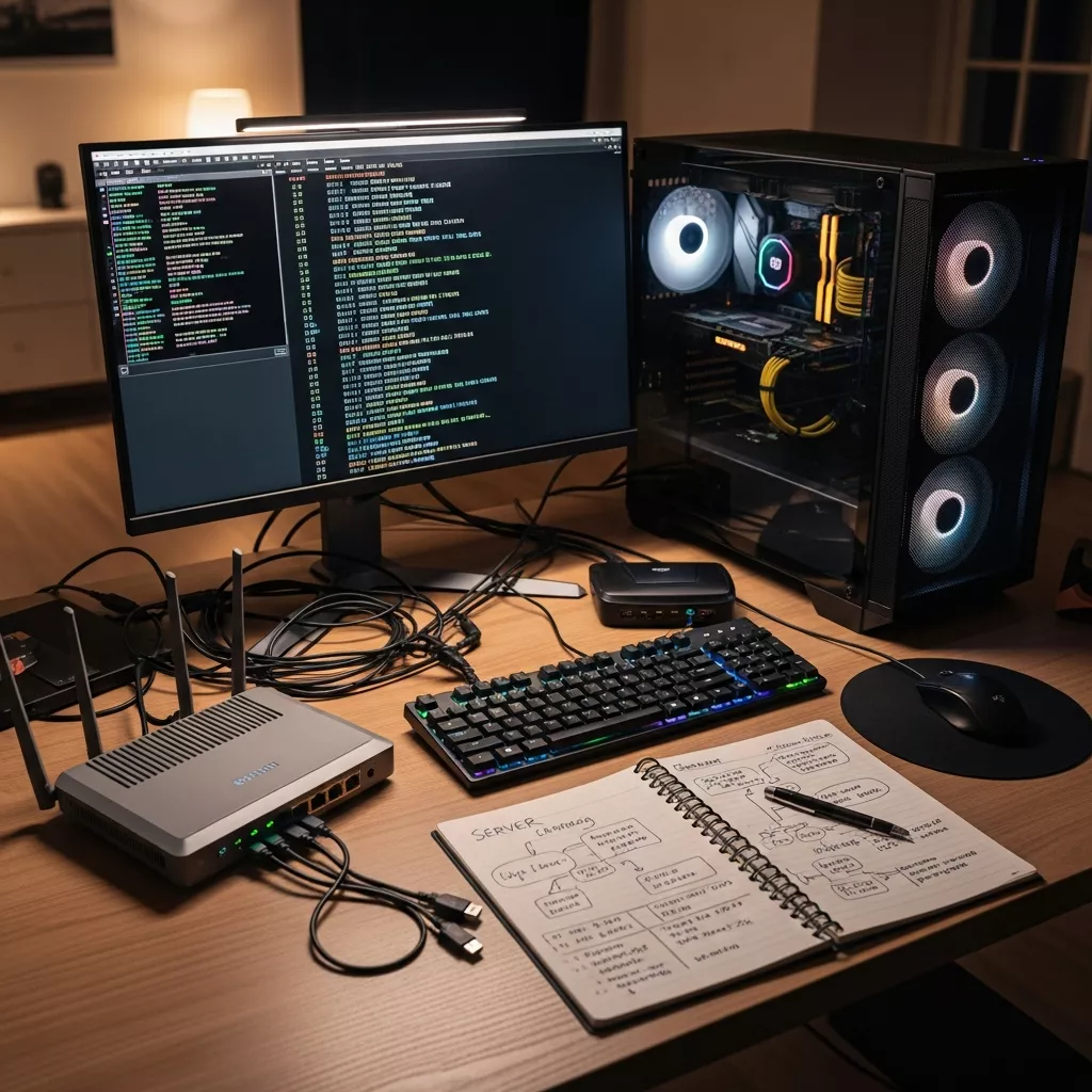 A modern home office desk with a gaming PC tower displaying a terminal window running a Minecraft server console, surrounded by networking cables, a router with blinking LED lights, and a notebook with handwritten server configuration notes