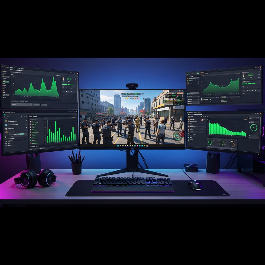A photorealistic high-end gaming setup showing multiple monitors displaying FiveM server management panels, performance graphs with stable green metrics, and a thriving in-game roleplay scene with numerous player characters in detailed police and civilian clothing