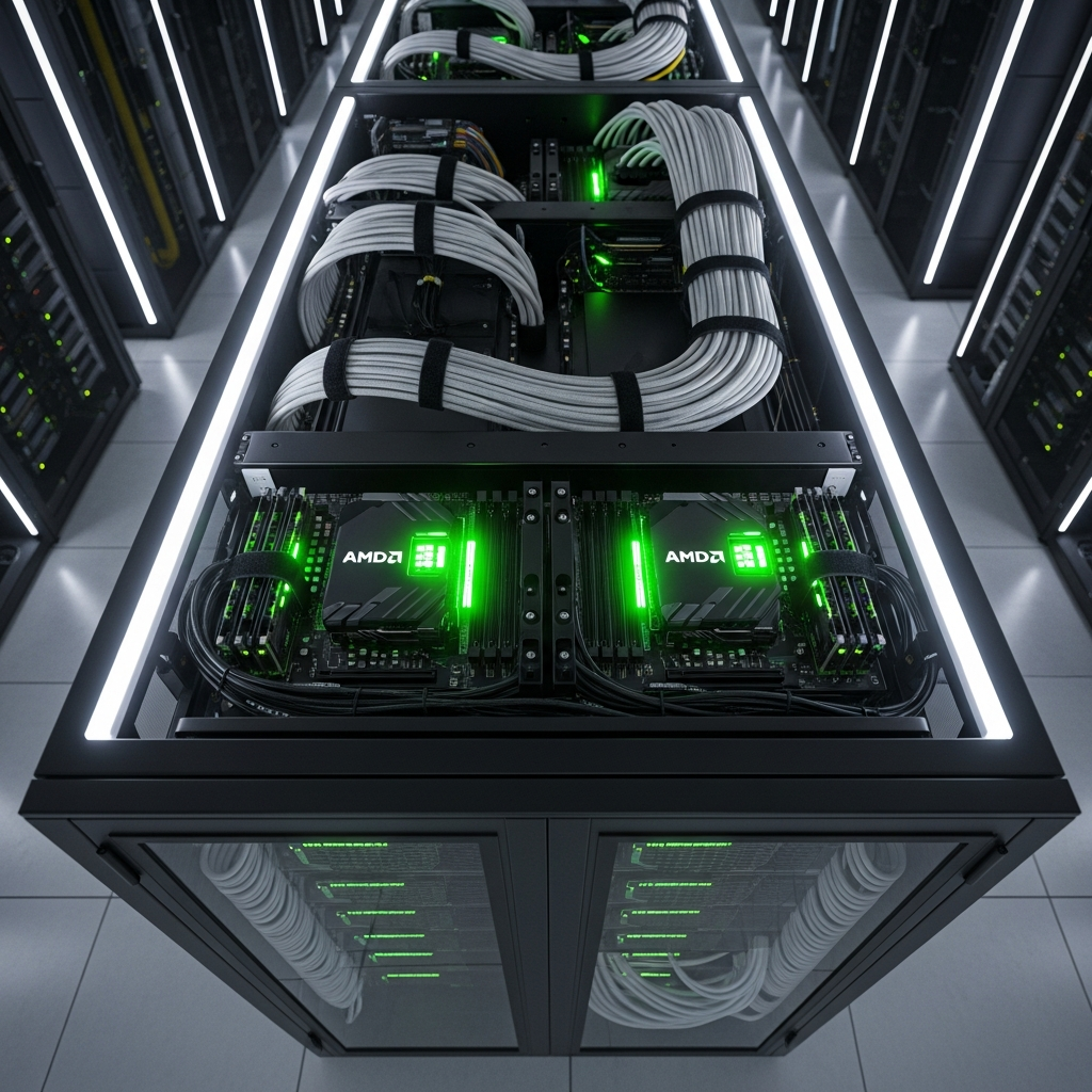 A photorealistic overhead view of a high-tech server rack in a modern data center, with glowing green LEDs on AMD processors and DDR5 RAM modules, cables neatly organized, soft white lighting highlighting the hardware precision