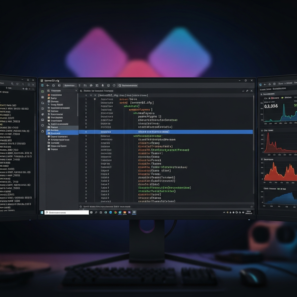 A photorealistic screenshot of a DayZ server configuration file open in a modern code editor on a dark themed Windows desktop, showing serverDZ.cfg parameters with syntax highlighting, multiple monitor setup displaying server console logs and performance graphs in the background
