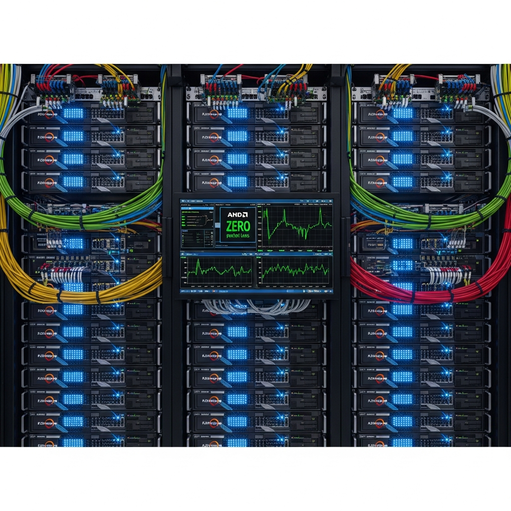 A photorealistic wide-angle view of a modern data center server rack showing AMD Ryzen processors with illuminated blue LED lights, network cables neatly organized, and a monitoring display showing network traffic graphs with zero packet loss indicators