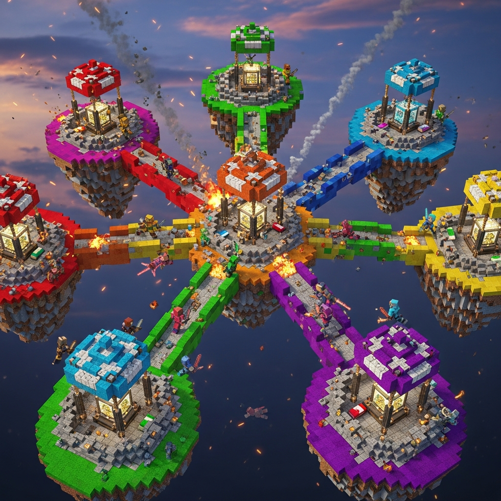 Arène Minecraft BedWars en vue aérienne avec huit îles colorées, ponts de laine arc-en-ciel reliant les bases, générateurs de ressources lumineux, lits protégés par des défenses en obsidienne, joueurs en armure combattant, ciel dynamique avec effets de particules, rendu photoréaliste haute définition