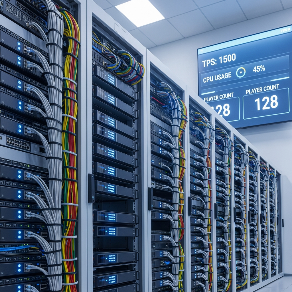 A sleek modern server rack in a data center with rows of blade servers glowing with blue LED indicators, network cables neatly organized, and a digital dashboard on a wall monitor showing real-time server performance metrics like TPS, CPU usage, and player count