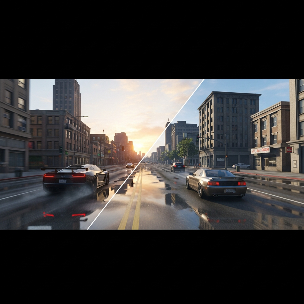 A split-screen comparison showing a smooth, high-FPS FiveM gameplay session on the left with detailed city textures, versus a laggy, low-frame experience on the right with stuttering vehicle models and texture pop-in representing free hosting performance