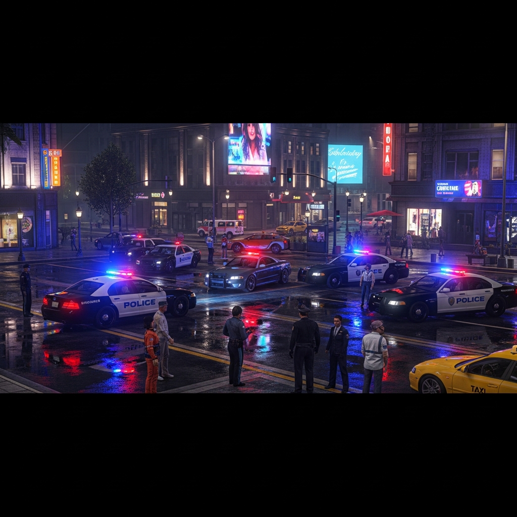 Belebter FiveM Roleplay-Server in einer fotorealistischen Stadt-Szene, Polizeiautos mit Blaulicht, Spieler-Charaktere in verschiedenen Uniformen, moderner Stadtplatz bei Nacht mit Neonlichtern, detaillierte Fahrzeugmodelle, dynamische Beleuchtung, Ingame-Perspektive