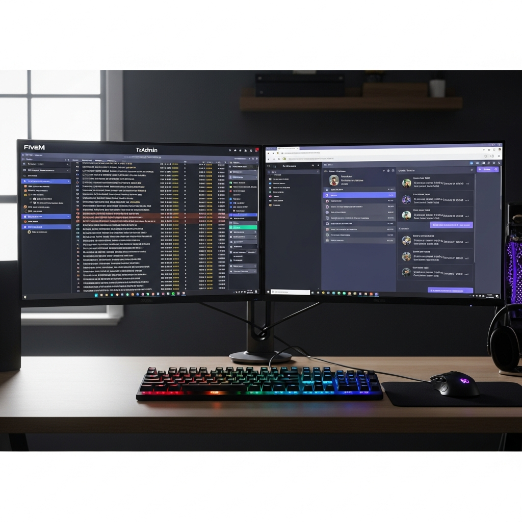 Bureau moderne avec deux écrans affichant l'interface TxAdmin de FiveM, logs de connexion en temps réel, et Discord ouvert sur un canal de tickets staff, clavier RGB, ambiance bureau gaming professionnelle, lumière naturelle, photoréaliste