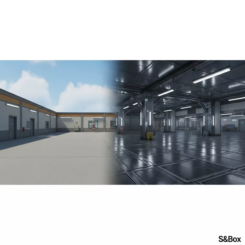 Captura de pantalla comparativa lado a lado mostrando el mismo entorno renderizado en Garry's Mod con iluminación plana y texturas de baja resolución versus S&Box con ray-tracing activado, reflejos realistas en superficies metálicas, iluminación volumétrica y modelos de alta poligonización, ambiente fotorrealista