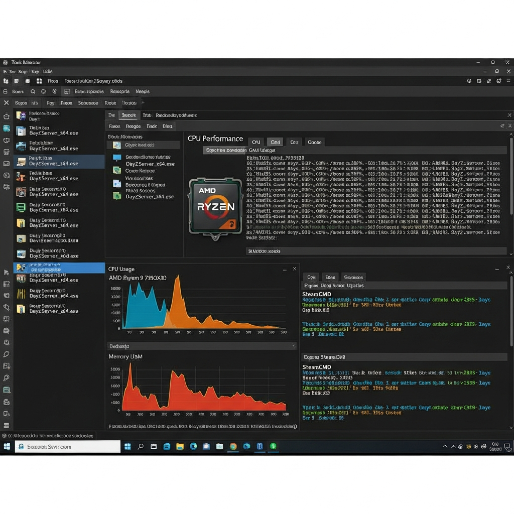 Captura de pantalla de Escritorio Remoto (RDP) accediendo a un VPS Windows Server 2022 con el administrador de tareas mostrando procesos de DayZServer_x64.exe activos, varios núcleos de CPU AMD Ryzen 9 7950X3D al 60–80 % de uso, RAM DDR5 utilizada y ventanas de consola de SteamCMD descargando archivos del servidor DayZ, ambiente fotorrealista de gestión profesional de servidores de juegos