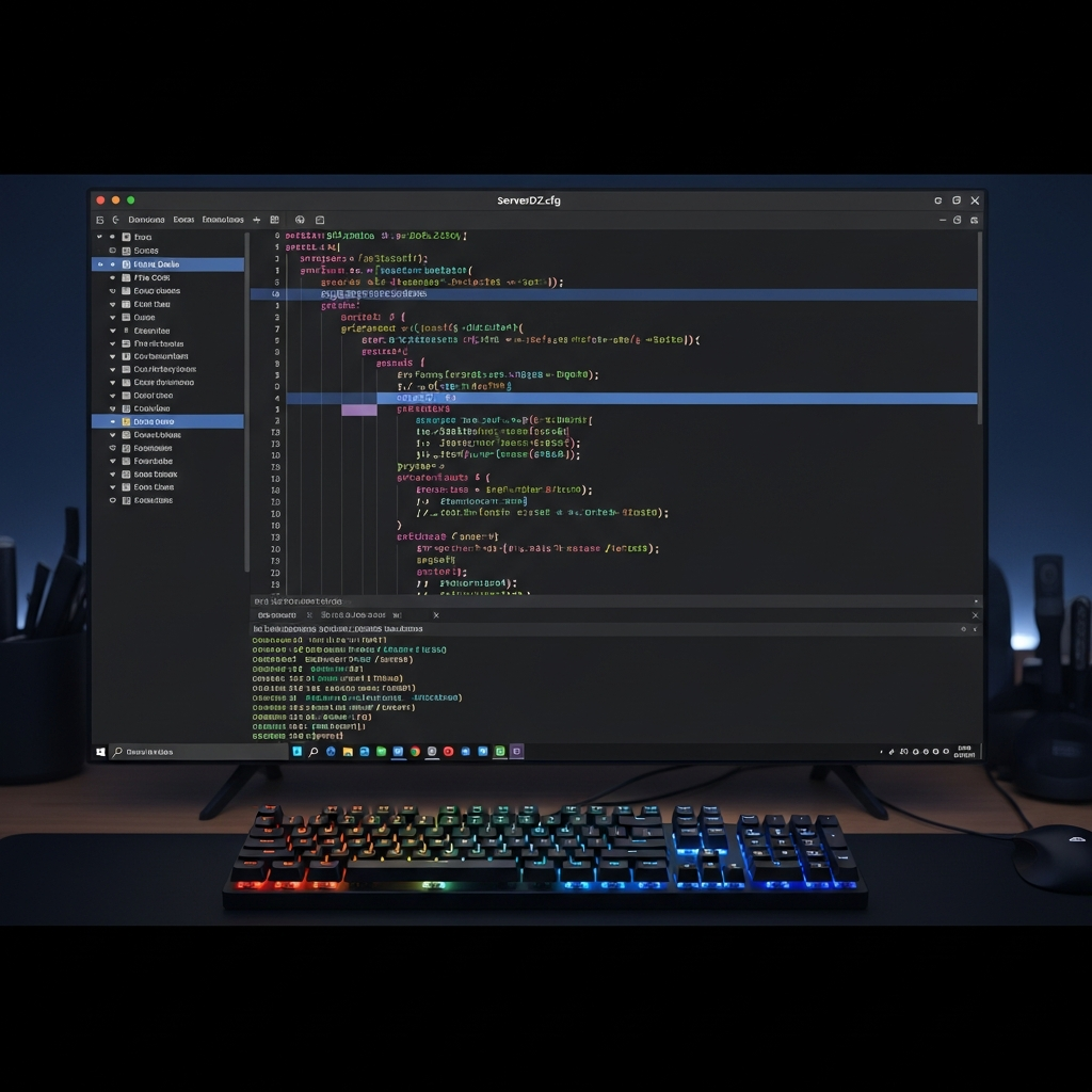 Captura de pantalla de Visual Studio Code editando archivo serverDZ.cfg con sintaxis coloreada, líneas de código visibles, fondo oscuro, teclado mecánico RGB iluminado en primer plano, ambiente de programación nocturno, iluminación cenital suave, fotorrealismo 4K