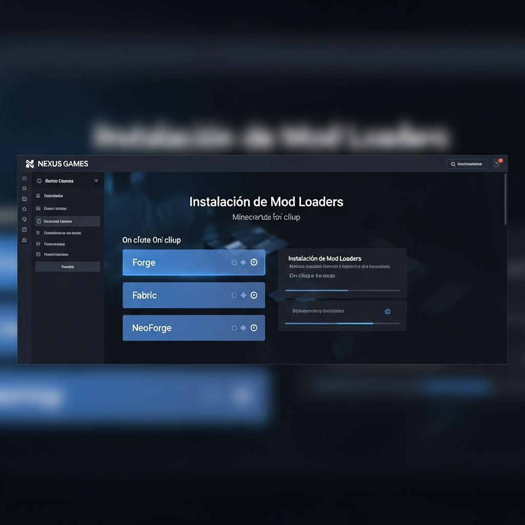 Captura de pantalla del panel de administración de Nexus Games mostrando la sección de instalación de mod loaders (Forge, Fabric, NeoForge) con botones de un clic, interfaz moderna y limpia en español, fondo oscuro profesional, resaltando la facilidad de gestión de mods para servidores Minecraft