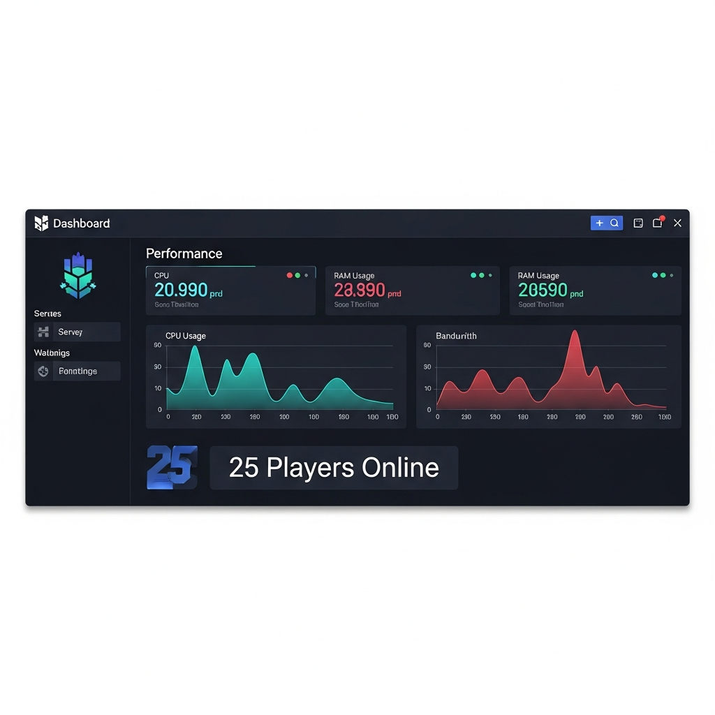 Captura de pantalla del panel de control de servidor Minecraft mostrando gráficos de rendimiento en tiempo real con uso de CPU, RAM y ancho de banda, interfaz moderna con fondo oscuro y estadísticas de 25 jugadores conectados