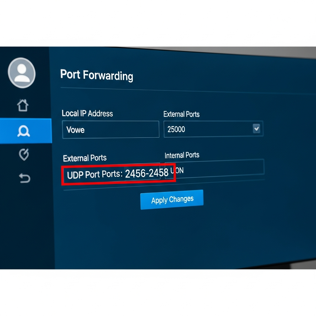 Captura de pantalla detallada del panel de administración de red de un router doméstico moderno, mostrando la sección de port forwarding con los puertos UDP 2456-2458 configurados y resaltados, interfaz gráfica clara con campos de IP local, puertos externos e internos, y botón de aplicar cambios visible