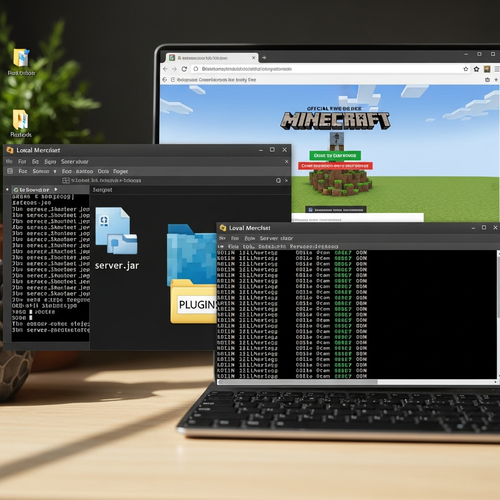 Captura de pantalla de un escritorio mostrando la consola de un servidor Minecraft local en ejecución con el archivo server.jar abierto, ventana de comandos con logs en tiempo real, carpeta de plugins visible y navegador con la página oficial de Minecraft abierta en segundo plano, todo en un ambiente de trabajo realista con iluminación natural