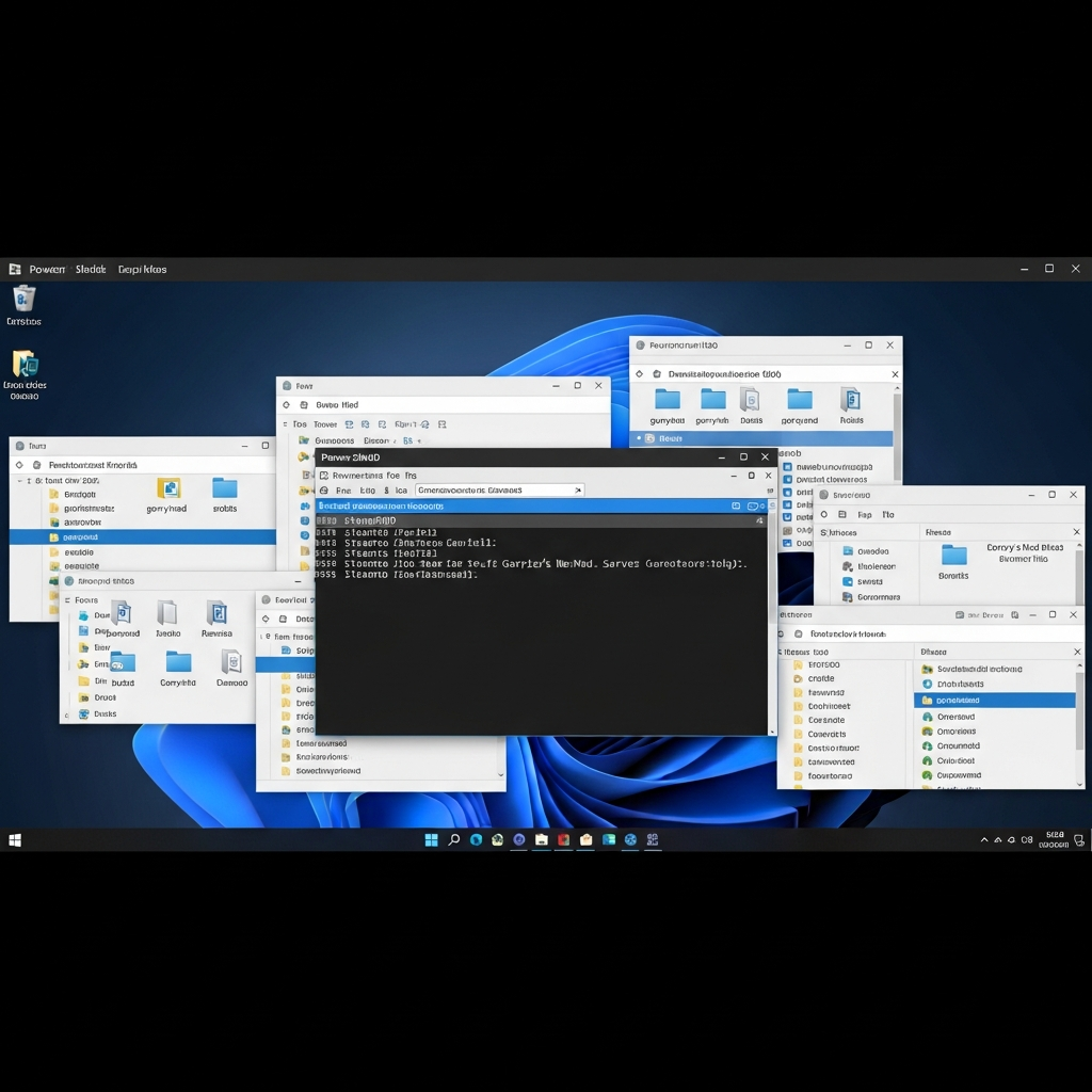 Captura de pantalla de un escritorio remoto Windows mostrando la consola de PowerShell con el comando SteamCMD descargando los archivos del servidor de Garry's Mod, con ventanas de carpetas abiertas que exhiben la estructura de directorios garrysmod y srcds, en un ambiente de trabajo técnico y profesional con iluminación fría