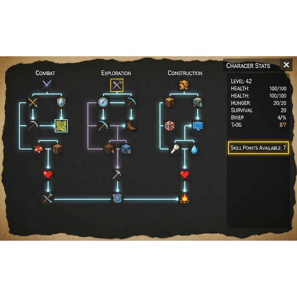 Captura de pantalla fotorrealista de la interfaz del árbol de habilidades de Minecraft 2026, mostrando cuatro ramas principales (Combate, Exploración, Construcción, Supervivencia) con iconos detallados y líneas de conexión luminosas entre nodos de habilidad, fondo con textura de pergamino antiguo y estadísticas de personaje visibles en el lateral derecho, puntos de habilidad disponibles resaltados en dorado