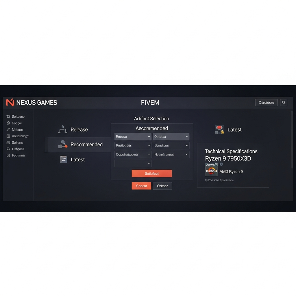 Captura de pantalla fotorrealista del panel de administración Nexus Games mostrando la sección de selección de artefactos FiveM, con las tres ramas (Release, Recommended, Latest) claramente visibles y el procesador AMD Ryzen 9 7950X3D en las especificaciones técnicas