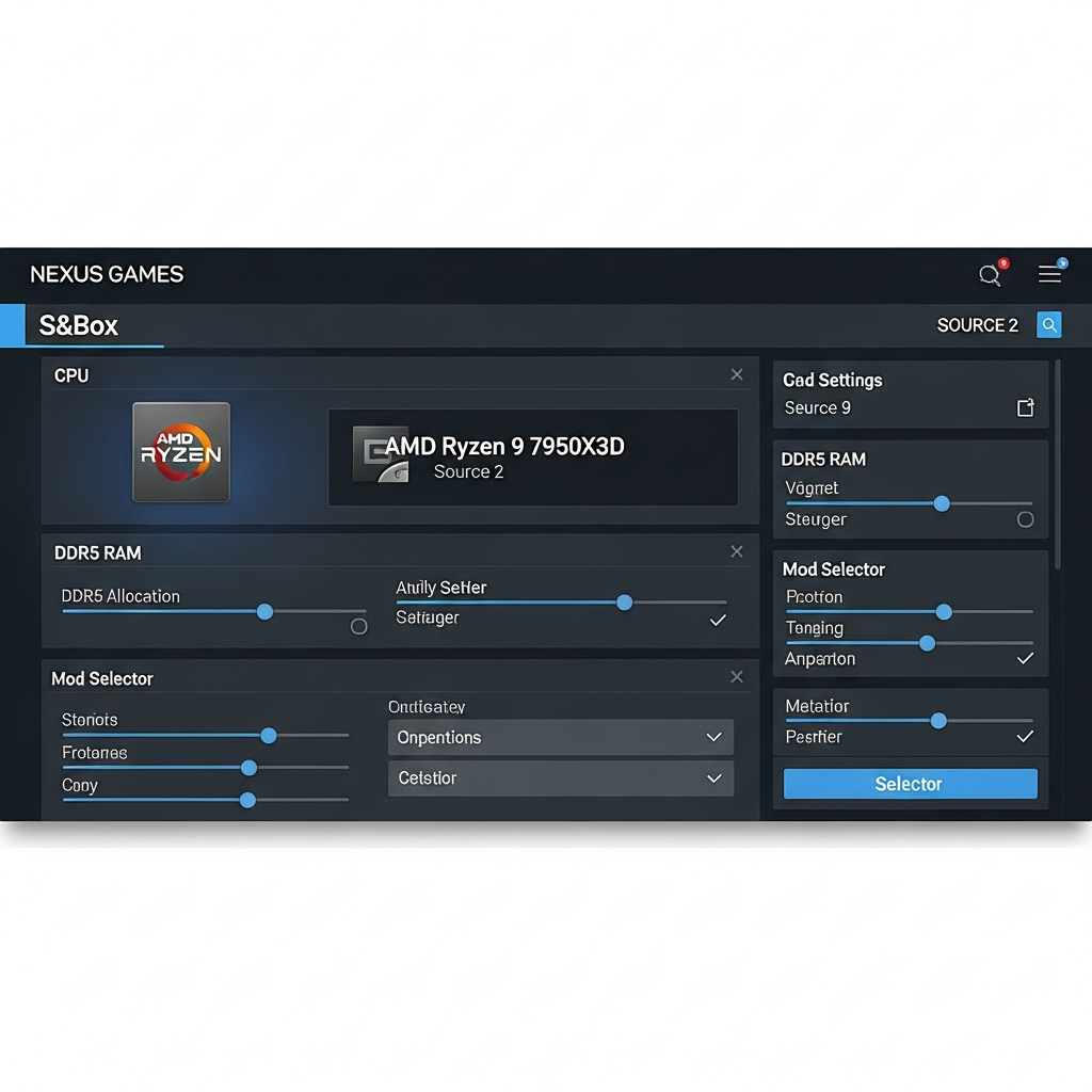 Captura de pantalla fotorrealista del panel de administración de Nexus Games mostrando la configuración de un servidor S&Box en Source 2, con secciones de CPU (AMD Ryzen 9 7950X3D), RAM DDR5 y selector de mods, interfaz moderna con fondo oscuro y gráficos nítidos