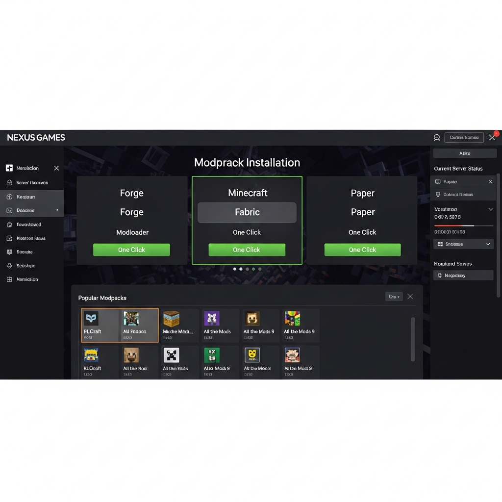 Captura de pantalla fotorrealista del panel de control de Nexus Games mostrando la interfaz de instalación de modpacks de Minecraft con opciones de Forge, Fabric y Paper, con botones de instalación con un clic y lista de modpacks populares como RLCraft y All the Mods 9