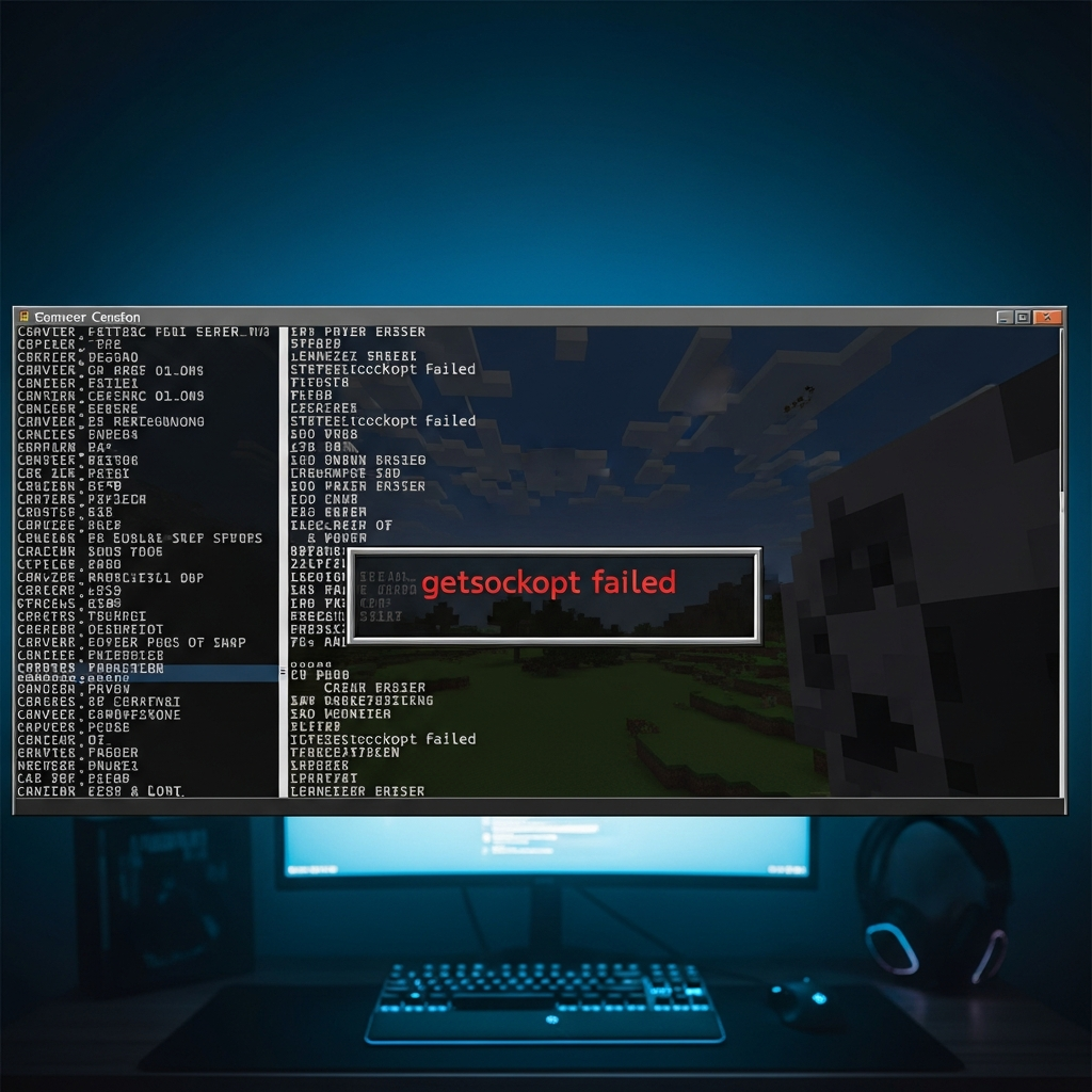 Captura de pantalla fotorrealista de una consola de Minecraft Java Edition mostrando un error de conexión con mensaje "getsockopt failed" en texto rojo, con fondo de pantalla de un servidor vacío y logs técnicos en la parte inferior, iluminación tenue de monitor en habitación gamer