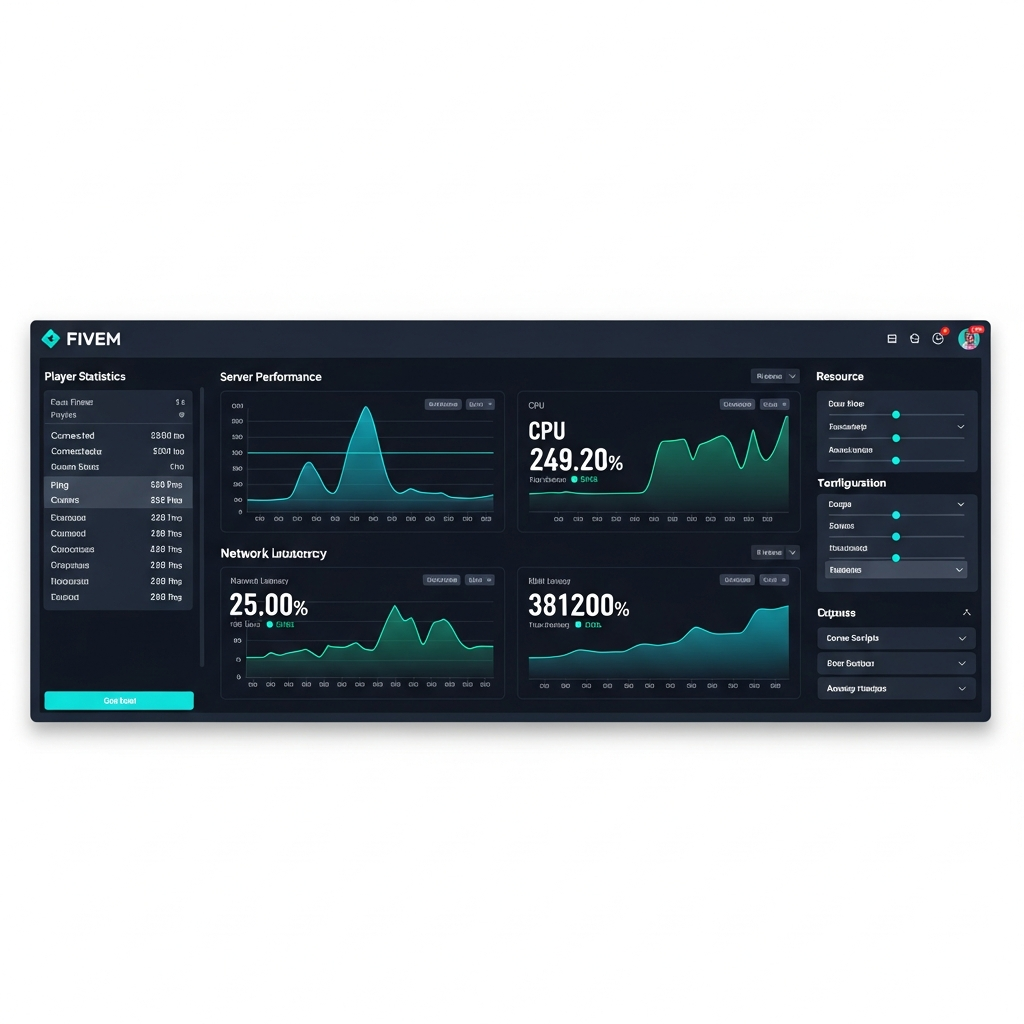 Captura de pantalla fotorrealista de un panel de administración FiveM moderno mostrando gráficos de rendimiento del servidor, estadísticas de jugadores en tiempo real, y opciones de configuración de recursos, con interfaz oscura y elementos visuales en tonos azules y verdes neón