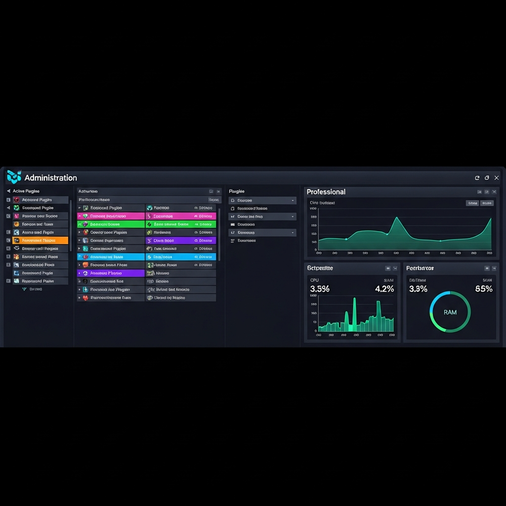 Captura de pantalla fotorrealista de un servidor Minecraft con múltiples mods instalados, mostrando una interfaz de administración moderna con métricas de rendimiento, lista de plugins activos en colores vibrantes, y un panel de control profesional con gráficos de uso de CPU y RAM en tiempo real sobre fondo oscuro tecnológico